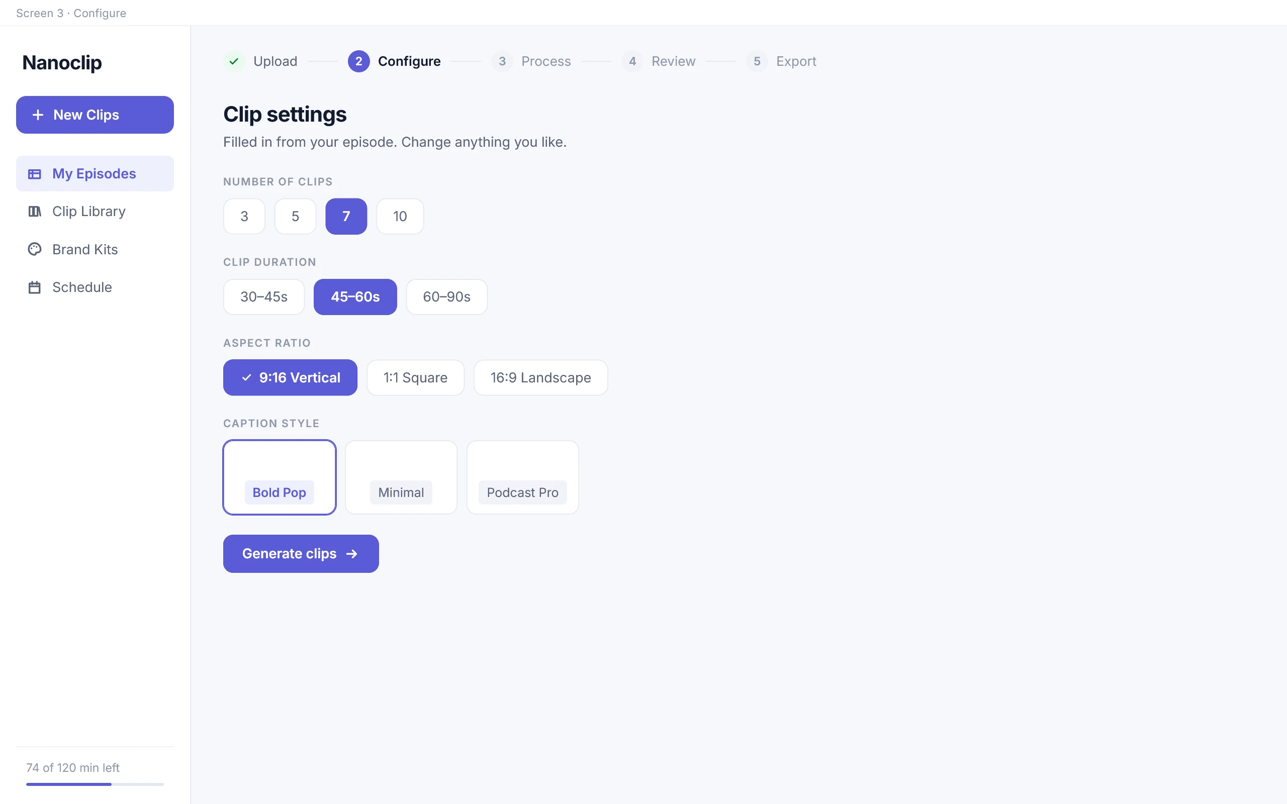 Configure — smart defaults, pre-filled
