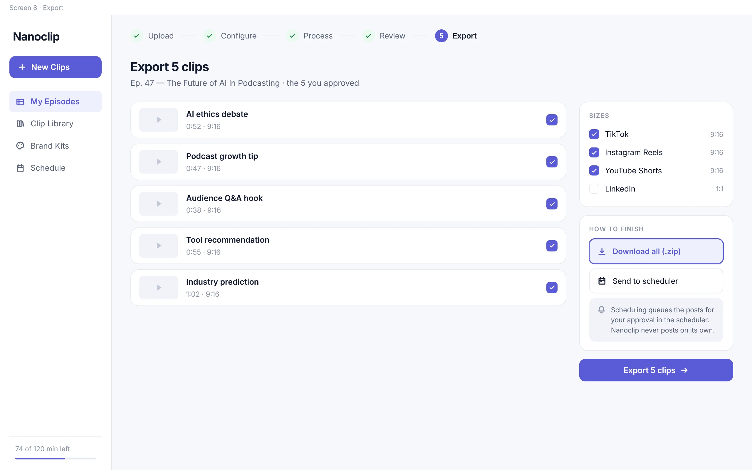 Export — per platform and format